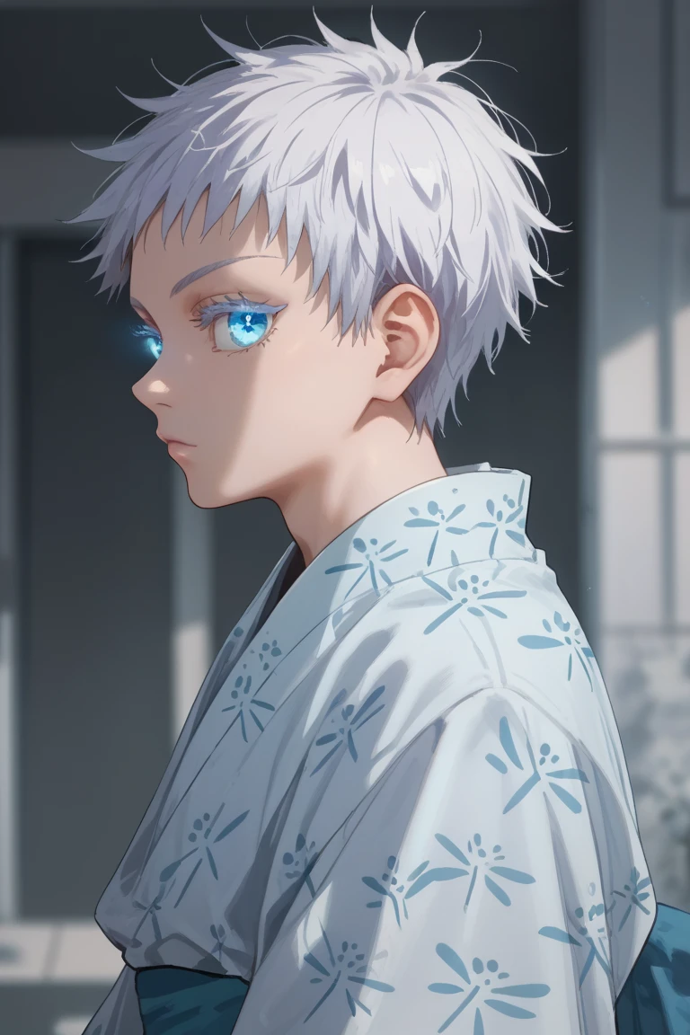 score_9, score_8_up, score_7_up, score_6_up, score_5_up, score_4_up, yg_gojo, white hair, blue eyes, official style, profile, short hair, solo, looking at viewer, japanese clothes, kimono, closed mouth, glowing, male focus, glowing eyes, portrait, colored eyelashes, blurry, eyelashes, white kimono, bangs, sideways glance