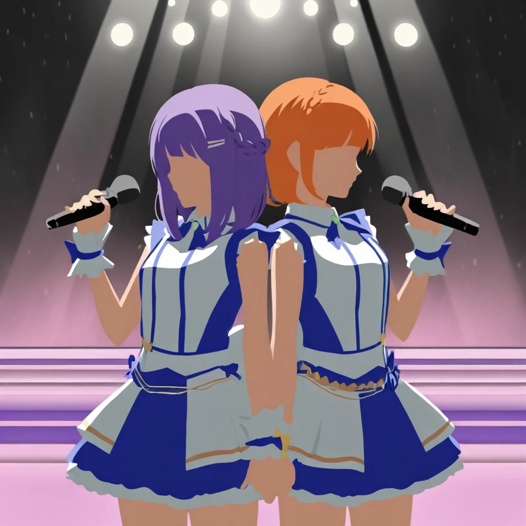 masterpiece, best quality, flat color, limited palette, no lineart, silhouette,2girls, back-to-back, microphone, idols, light rays, stage, lights, idol, idol uniforms, faceless, purple hair, medium hair, spiky hair, orange hair, short hair, braid, hairclip, cowboy shot, character focus