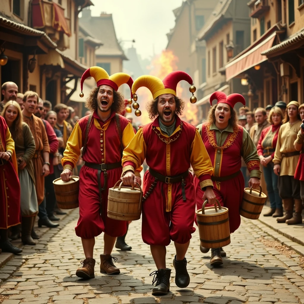 Imagine an image in the style of photorealism of the Fools' Guild Fire Brigade in a chaotic medieval street scene. Several jesters, dressed in their traditional red and yellow costumes with bells, frantically carry wooden buckets of water towards a small fire. Their exaggerated expressions of panic and confusion add a comical touch as the fire rages behind them, while medieval townsfolk look on in disbelief.