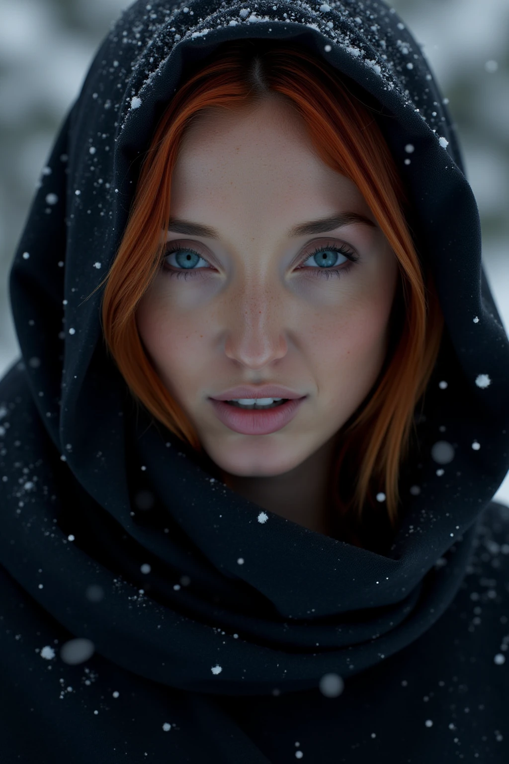 Photorealistic close-up of a redfox woman in a dark, snow-dusted cloak, wintry background, with her eyes reflecting the soft light of the snow-covered landscape cinematic lighting, extremely intricate detail character, extremely intricate skin and facial skin texture detail, lifelike potrayal, extremely realistic lighting, extreme dynamic pose. Extremely sharp detail, snowing, snow flakes,render