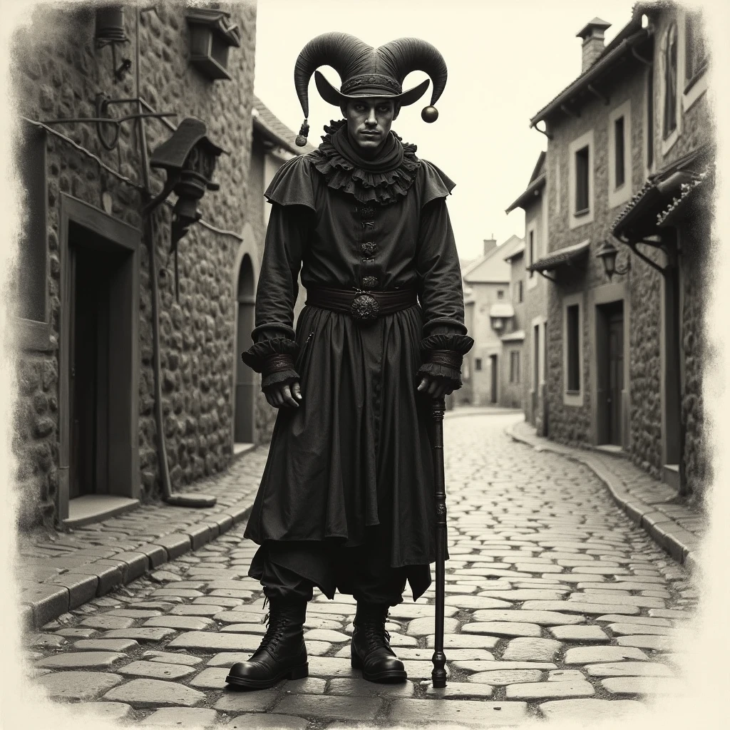 Imagine an image in the style of a charcoal drawing of a male jester standing alone on a medieval street at dusk, his costume tattered and his hat askew. The dark, gritty shading captures the mood of weariness as the jester leans on his staff, his silhouette stark against the fading light.