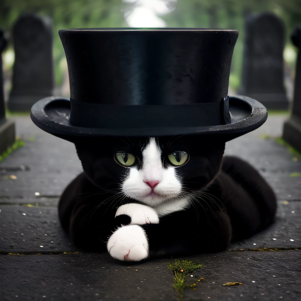 intricate photo, cute animal cat with tophat at the cemetery, gothic art, 8K <lora:TopHatConcept:0.9>