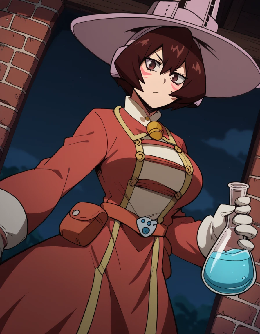 score_9, score_8_up, score_7_up, source_anime, <lora:shino-sosaki-s2-ponyxl-lora-nochekaiser:1>, shino sosaki, short hair, brown hair, hair between eyes, brown eyes, large breasts,, <lora:wizard-ponyxl-lora-nochekaiser:1>, wizard, wizard hat, robe, dress, long sleeves, gloves,, indoors, bricks, potion, flask, vial,, cowboy shot,, , dutch angle, cowboy shot