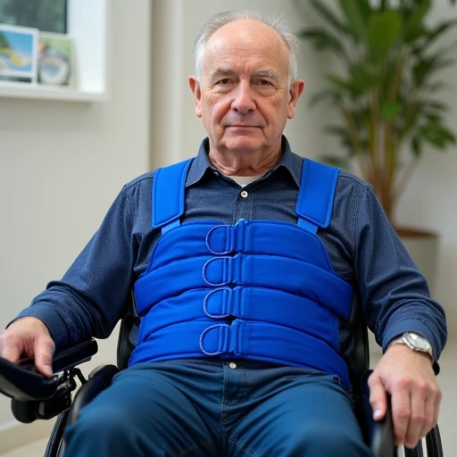 a 50 year old man wears a three point wheelchair belt made of blue nylon