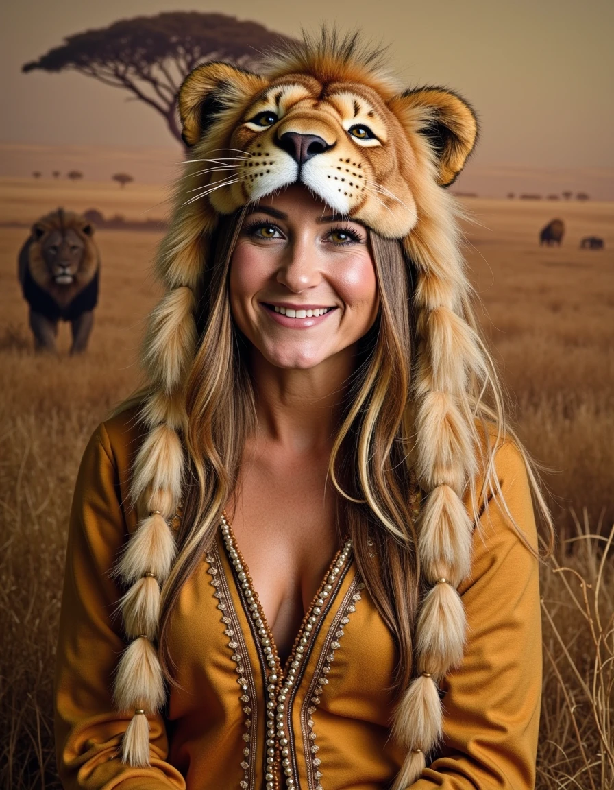 88nimalhd <lora:88nimalhd_rank8_bf16-step01000:1>,  Front view image of person wearing a lion headdress and color matching clothes with a matching savannah-themed background, looking at the viewer with a smile.