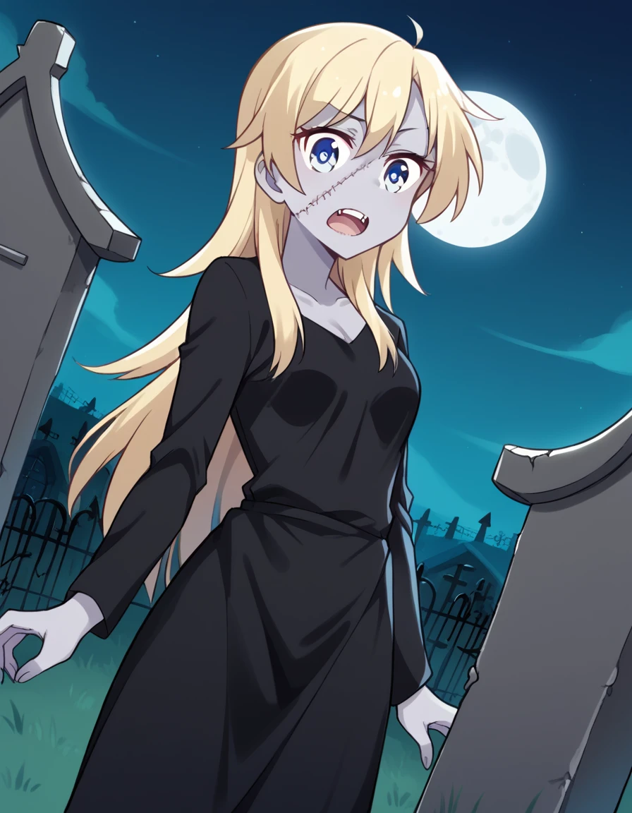 score_9, score_8_up, score_7_up, source_anime, <lora:kou-yagami-s2-ponyxl-lora-nochekaiser:1>, kou yagami, long hair, blue eyes, blonde hair, medium breasts,, <lora:zombie-ponyxl-lora-nochekaiser:1>, zombie, colored skin, stitches, grey skin, multicolored skin, stitched face, zombie pose, halloween, halloween costume,, night, moon, graveyard, tombstone, grave, open mouth, , dutch angle, cowboy shot