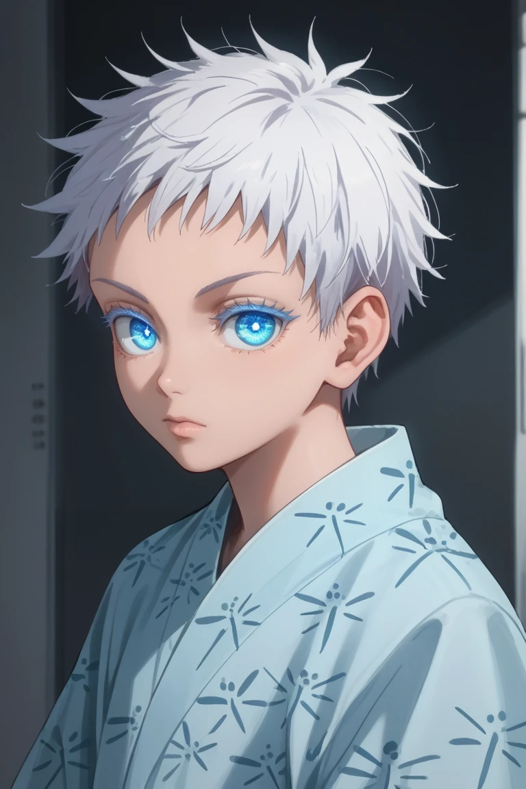 score_9, score_8_up, score_7_up, score_6_up, score_5_up, score_4_up, yg_gojo, white hair, blue eyes, official style, short hair, solo, 1boy, looking at viewer, closed mouth, glowing, japanese clothes, kimono, glowing eyes, eyelashes, colored eyelashes