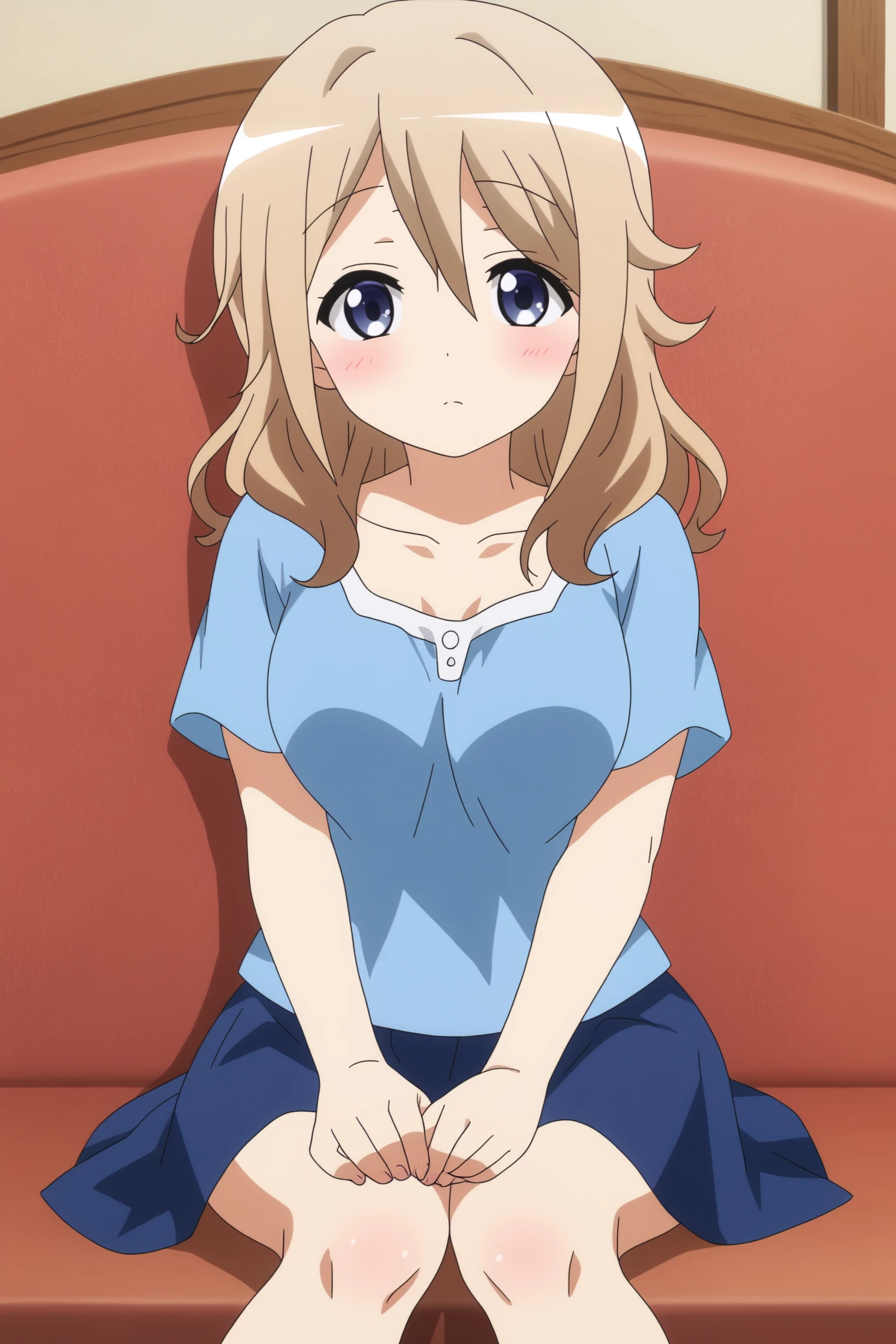 1girl <lora:sdxl-ol-tuareninya:0.8> tuareninya, blonde hair, long hair, blunt bangs, sidelock, turquoise eyes, small breasts, (troubled eyebrows:0.6), :D, aqua overall, coral T-shirt loose socks Wedges, bare legs soles focus, looking down, Close-up , water crystal ring, Halogen Light, warm light sunset, rays light sparkles lens flare deep shadows, depth of field peerless scenery sentimental, extremely quality extremely detailed, illustration, cute anime face