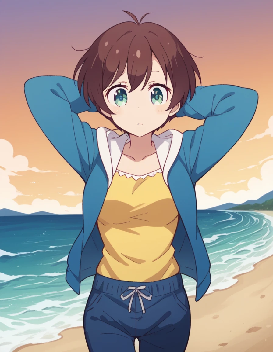 score_9, score_8_up, score_7_up, source_anime, <lora:hajime-shinoda-s2-ponyxl-lora-nochekaiser:1>, hajime shinoda, short hair, bangs, brown hair, green eyes, ahoge, medium breasts,, shirt, long sleeves, collarbone, jacket, open clothes, pants, hood, open jacket, hoodie, hood down, blue jacket, yellow shirt,, beach, sunset, walking along shore, footprints in sand, waves, peaceful, , hands behind head,, looking at viewer, solo,, dutch angle, cowboy shot