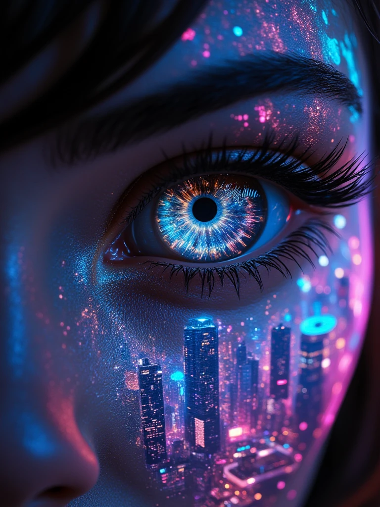 In an intense and gripping extreme close-up, a single eye glistens with an unsettling sheen, reflecting a sprawling dystopian city where towering skyscrapers are crumbling under the weight of a relentless digital virus. The cityscape is a chaotic tapestry of pixelated fragments and shimmering data streams, as vivid neon lights flicker and distort, creating a jarring contrast against the backdrop of darkened clouds swirling ominously overhead. As the camera gradually pulls back, the intricate details of the eye become less pronounced, revealing the face of a person who is transfixed by the unfolding digital anarchy on their screen. Their skin, illuminated by the eerie glow of the holographic displays surrounding them, betrays a blend of fascination and dread, with wide eyes reflecting both awe and horror at the impending collapse of reality as they know it. The room itself is a chaotic sanctuary of technology, filled with vibrant holographic projections that dance erratically, depicting similar scenes of digital decay happening across the globe. The air is thick with a sense of urgency and impending doom, as the ambient sounds of buzzing electronics and faint static create a high-tech symphony of anxiety. The room is cluttered with cables and illuminated panels, each display glitching intermittently, serving as a haunting reminder of the fragile border between the digital world and the tangible one. The entire atmosphere is imbued