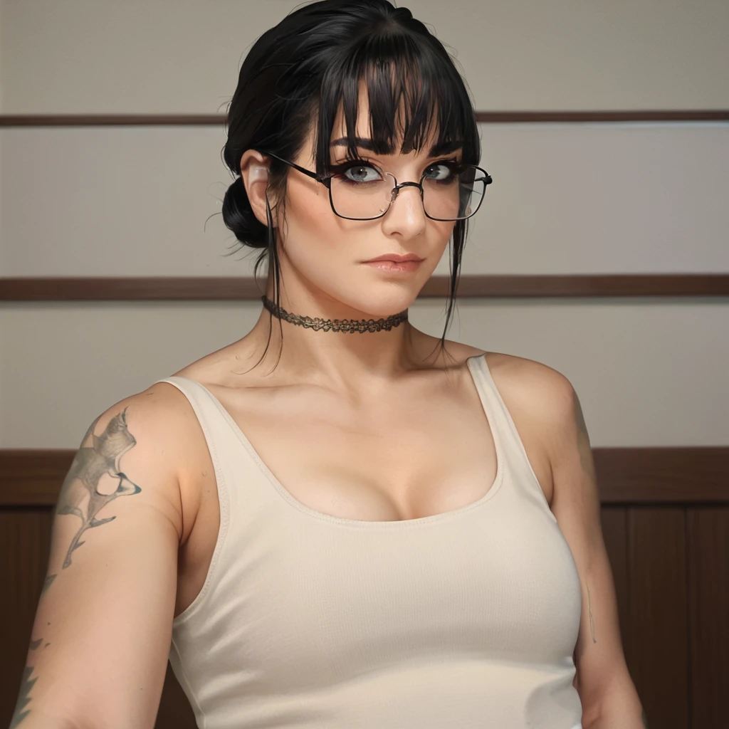 sacore_9, masterpiece, score_8, best quality, <lora:Pony_Tatum_Paxley:1>,t@tump@x, 1girl, solo, glasses, black hair, choker, realistic, tattoo, lips, breasts, tank top, arm tattoo,  upper body, bangs, closed mouth, looking at viewer, indoors, hair bun