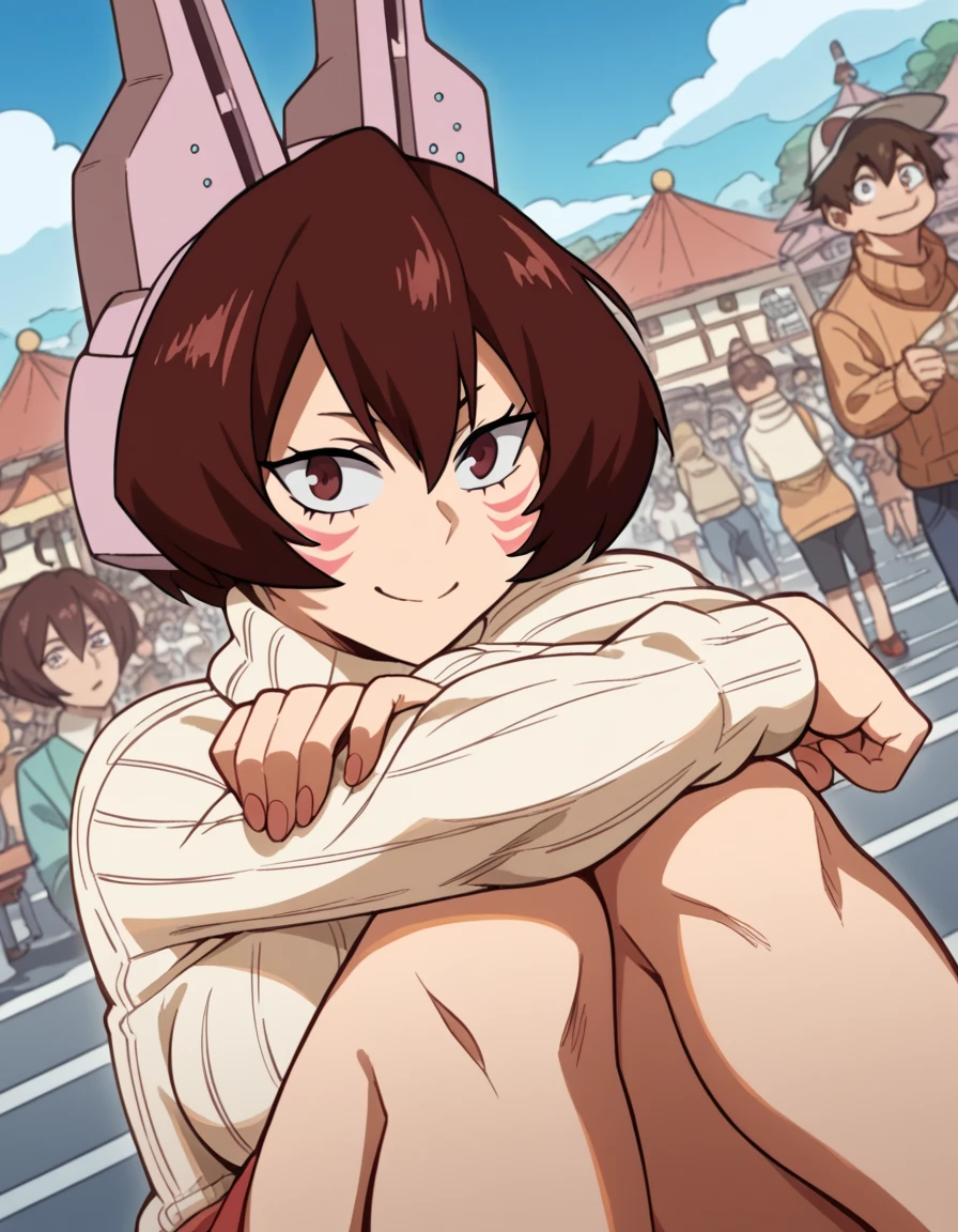 score_9, score_8_up, score_7_up, source_anime, <lora:shino-sosaki-s2-ponyxl-lora-nochekaiser:1>, shino sosaki, short hair, brown hair, hair between eyes, brown eyes, large breasts,, sweater, ribbed sweater, white sweater, long sleeves, turtleneck,, street market, vendor, street food, bustling crowd, local flavor, vibrant, smile, <lora:knees-to-chest-ponyxl-lora-nochekaiser:1>, knees to chest, ass peek, breast press, sitting, knees up, hugging own legs,, looking at viewer, solo,, dutch angle, cowboy shot