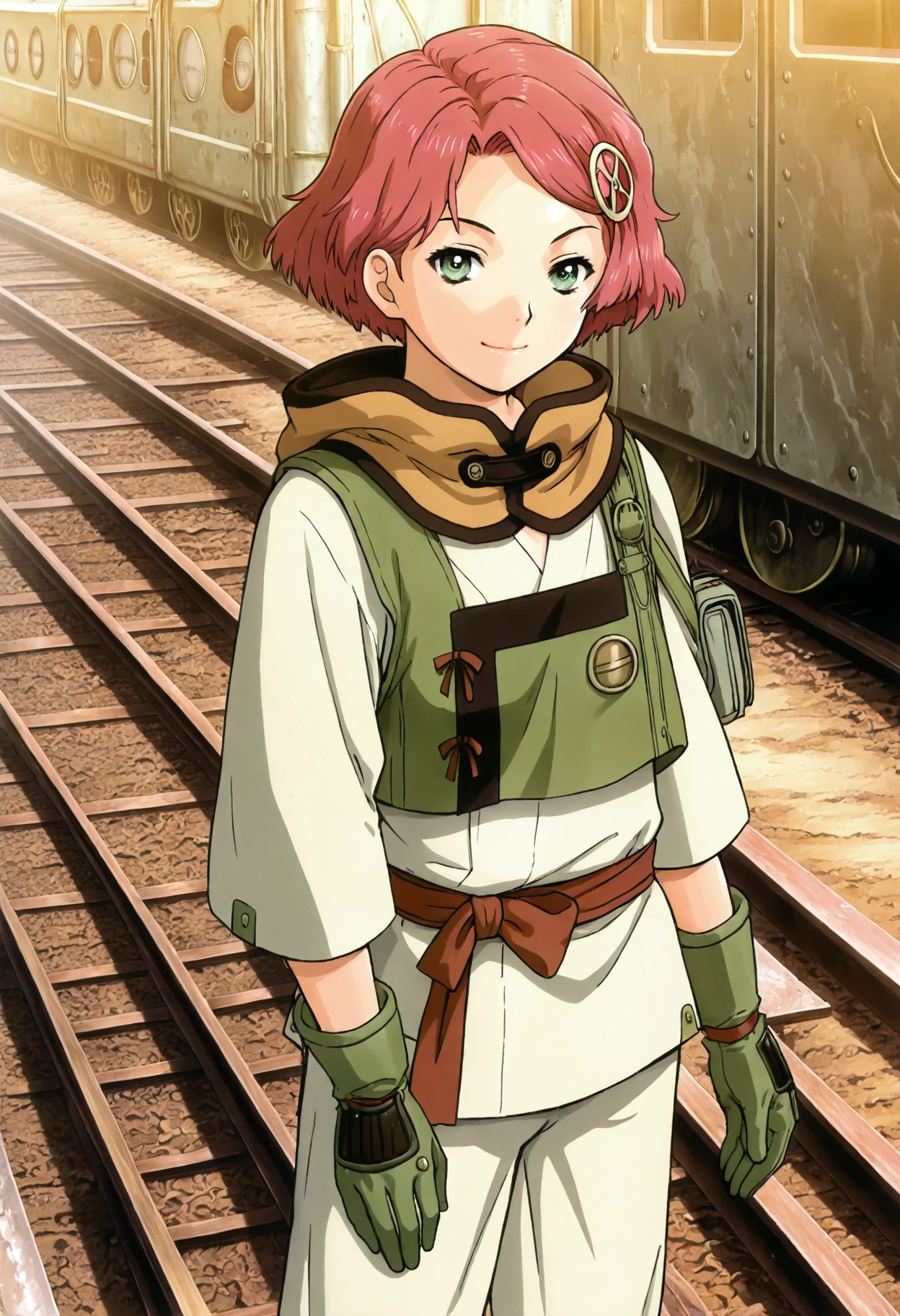 yukinakabaneri, 1girl, solo, green eyes, short hair, hairclip, red hair,hood down, karate gi, , green gloves, , green vest, standing, closed mouth, long sleeves, red belt, cowboy shot, standing,looking at viewer, steampunk, railroad tracks, , smile, <lora:yukinakabaneri_ill:1>