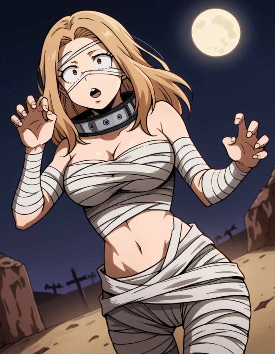 score_9, score_8_up, score_7_up, source_anime, <lora:camie-utsushimi-s3-ponyxl-lora-nochekaiser:1>, camie utsushimi, long hair, blonde hair, brown eyes, large breasts,, <lora:mummy-costume-ponyxl-lora-nochekaiser:1>, mummy costume, bandages, halloween costume, bandaged arm, zombie pose, bandage on face,, desert, moon, night, open mouth, , dutch angle, cowboy shot