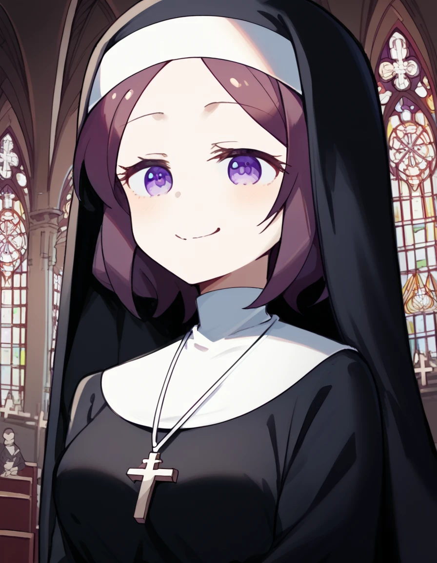 score_9, score_8_up, score_7_up, source_anime, <lora:rin-tooyama-s2-ponyxl-lora-nochekaiser:1>, rin tooyama, short hair, brown hair, purple eyes, medium breasts,, <lora:traditional-nun-ponyxl-lora-nochekaiser:1>, traditional nun, nun, habit, long sleeves, dress, black dress, jewelry, black veil, cross, cross necklace,, church, smug, praying,, , dutch angle, cowboy shot