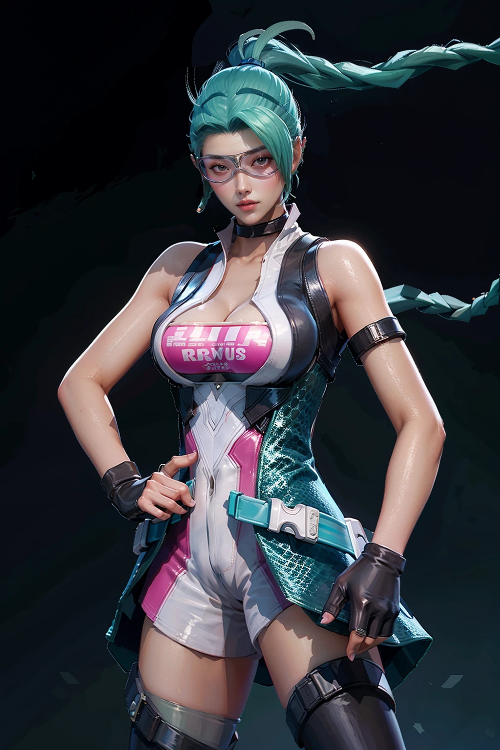 <lora:Airi_Racer_AoV_Model_LoRA:0.8>, Airi_RC, 1girl, solo, long hair, very long hair, braid, twin braids, multicolored hair, green hair, aqua hair, headset, looking at viewer, glasses, goggles, tinted eyewear, lips, bare shoulders, cleavage, breasts, gloves, fingerless gloves, elbow gloves, thighhighs, boots, thigh boots, high heels, shiny
, ((standing, upper body, white background)), best quality, ultra high res, (photorealistic:1.4), masterpiece, real life skin, hyper real