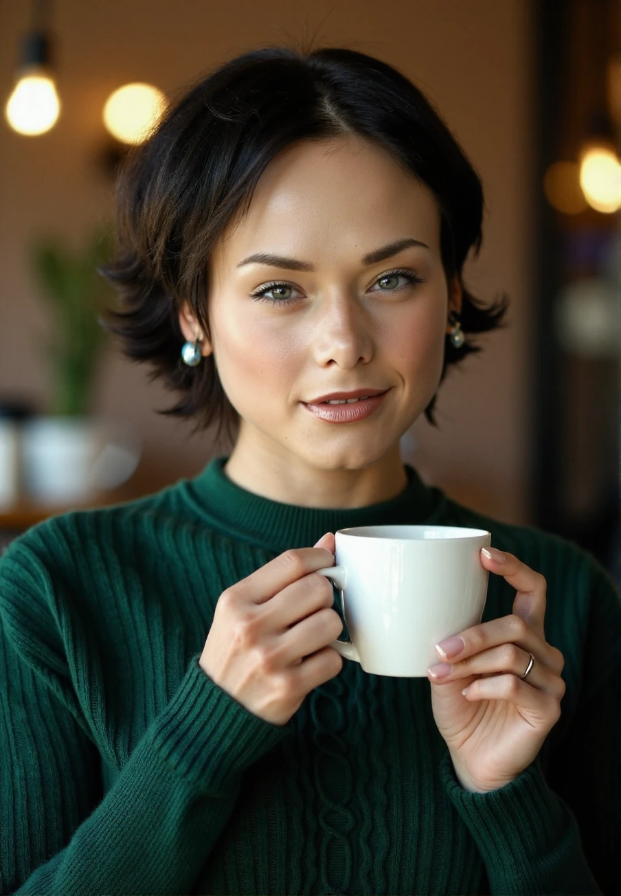 A professional photograph of a young woman, p1x1e, wearing a dark green cable-knit sweater, holding a latte in a cafe, (very short hair, pixie haircut), detailed skin, bokeh, SFW<lora:Pixie_aka_Nadia-000015:1>