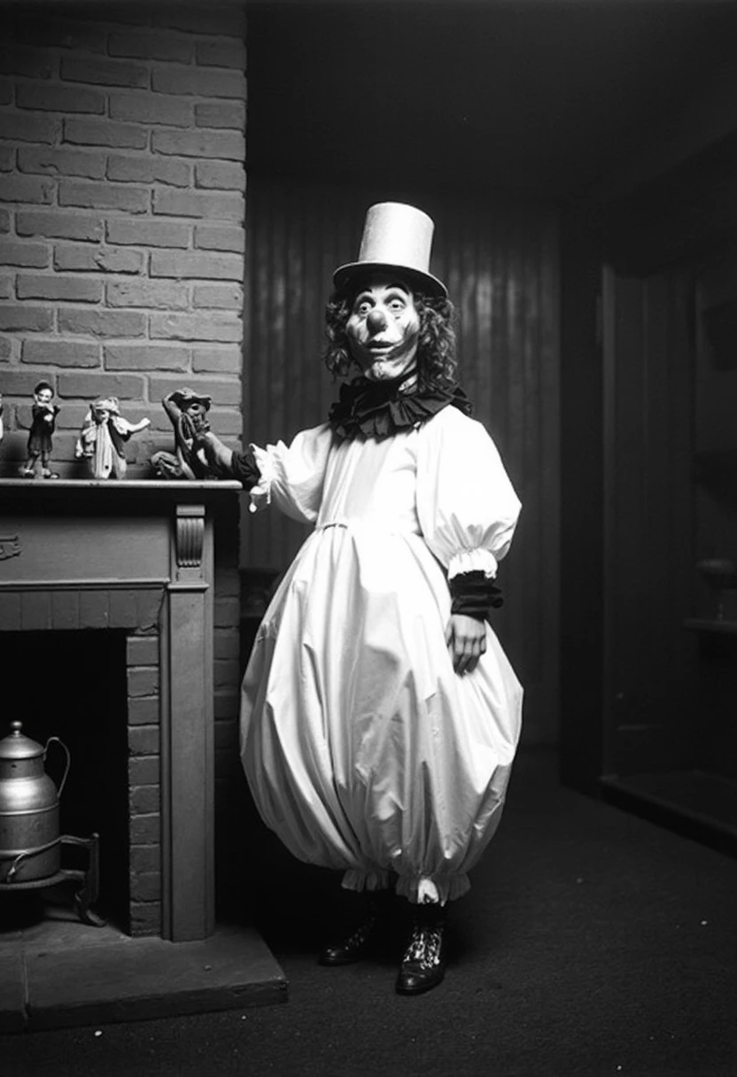 a black-and-white photograph features a person dressed as a clown with exaggerated features,including a white face paint,red nose,and oversized hat. They wear a voluminous white costume with ruffled sleeves and a satin-like texture. The clown stands beside a fireplace with a kettle on the hearth and a small shelf above,adorned with figurines. The background,featuring a brick wall and wooden paneling,is in focus. The lighting appears artificial,casting a soft glow on the clown's costume. The aesthetic quality of the image is medium,with a nostalgic,vintage feel.,<lora:VintageHalloween-step00001600:0.8>,