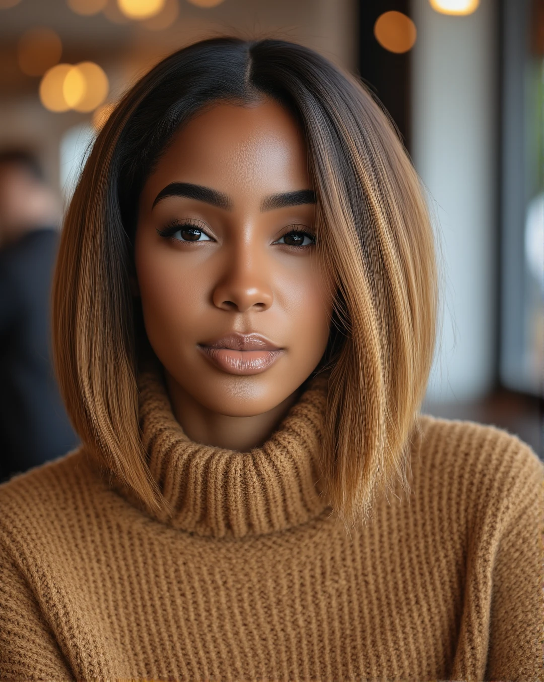 headshot portrait, modern photography style starring beautful ebony woman with model-like features in a professional photoshoot, chestnut blond straight bob hair.studio lighting casual starbucks cafe setting. Wearing simple knit turtleneck sweater.  feminine confiedent smirk expression on her face while looking at the viewer. aidmaMJ6.1