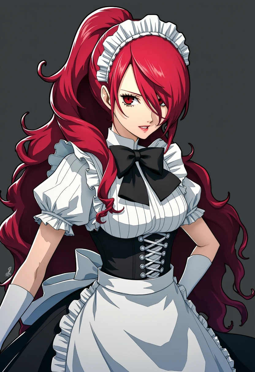 A detailed solo portrait of mitsuru kirijo
Anime style, sharp, high contrast and highly detailed.,
<lora:persona_3_mitsuru_kirijo_flux_v1_2-000013:1>,,
She wears a traditional maid costume, typically seen in anime or cosplay culture. It features a black and white color scheme, with a white frilly underskirt that adds volume and movement to the outfit. Over this, a black apron with lace trim and ruffled edges covers the front of the skirt. The top includes puffed sleeves with ruffles at the shoulders and lace at the cuffs, giving it a soft and elegant look. A large black bow is attached at the neckline, and a corset-like lacing is seen around the waist, emphasizing a fitted silhouette. The maid wears a white lace headpiece, matching the lace detailing throughout the outfit. She completes the look with white knee-high socks and black shoes, creating a classic and polished maid ensemble.