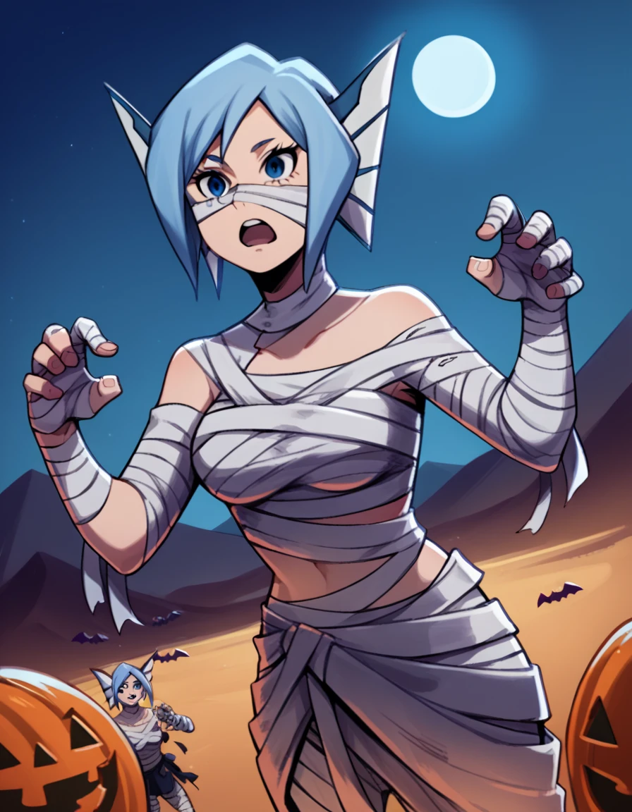 score_9, score_8_up, score_7_up, source_anime, <lora:hero-sirius-s5-ponyxl-lora-nochekaiser:1>, sirius, short hair, blue eyes, blue hair, head fins, medium breasts,, <lora:mummy-costume-ponyxl-lora-nochekaiser:1>, mummy costume, bandages, halloween costume, bandaged arm, zombie pose, bandage on face,, desert, moon, night, open mouth, , dutch angle, cowboy shot