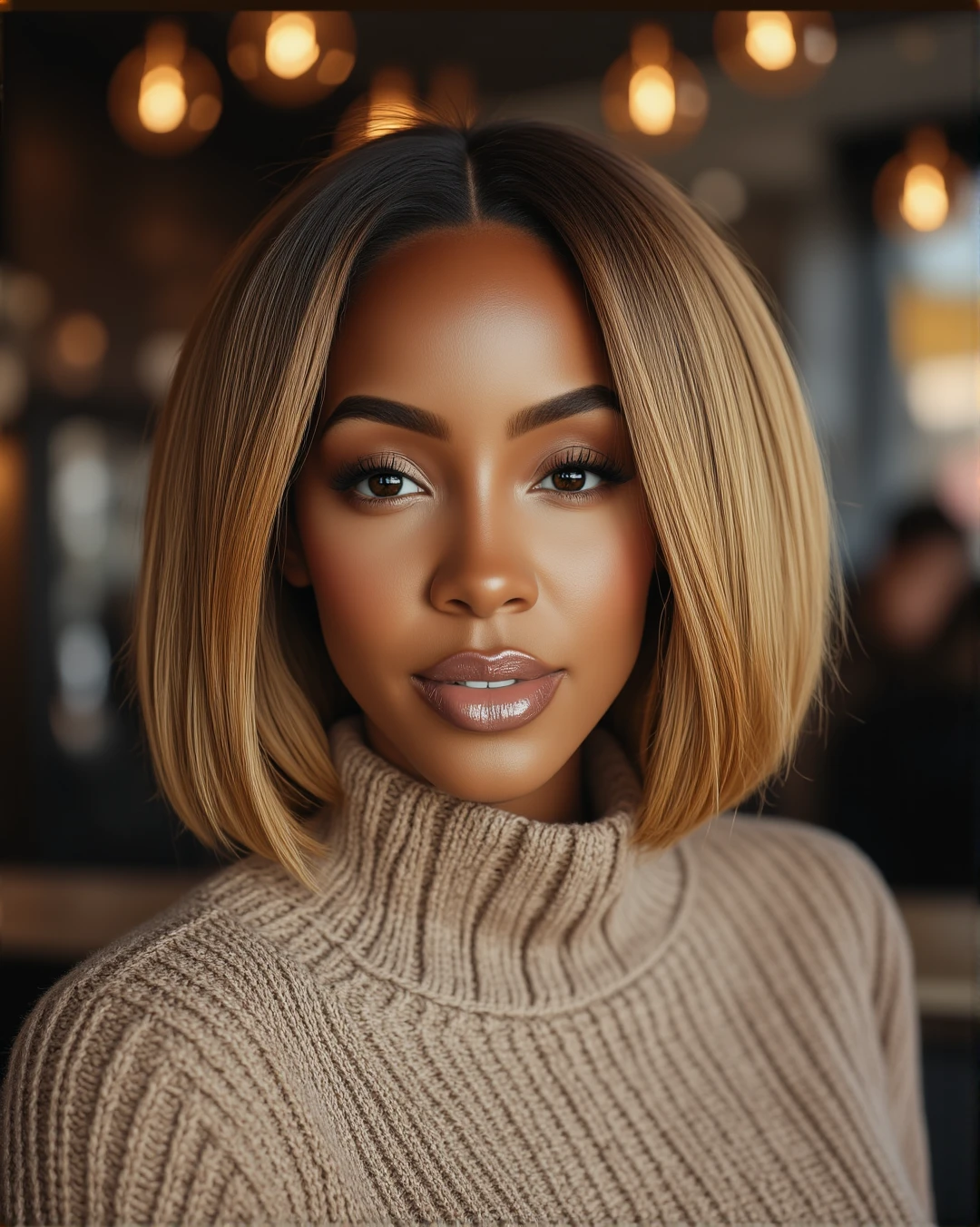 3/4 profile headshot portrait, modern photography style starring beautful ebony woman with model-like features in a professional photoshoot, chestnut blond straight bob hair.studio lighting casual starbucks cafe setting. Wearing simple knit turtleneck sweater.  feminine confiedent smirk expression on her face while looking at the viewer. aidmaMJ6.1