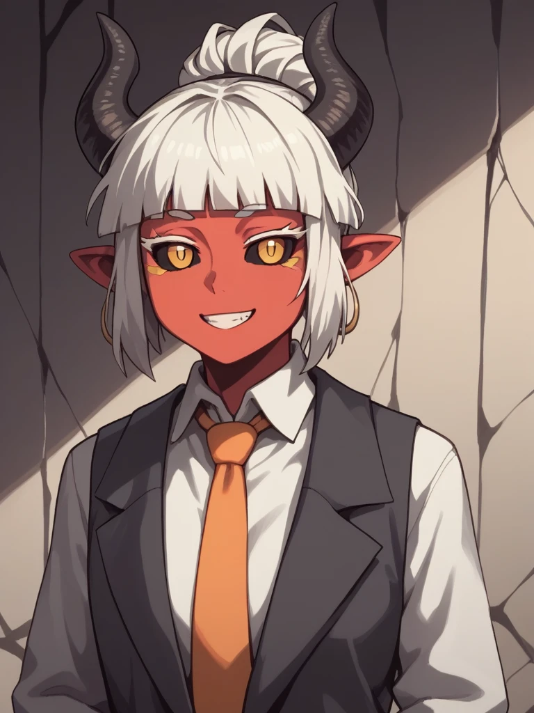 score_9, score_8_up, score_7_up, score_6_up, score_5_up, score_4_up, detailed eyes, beautiful eyes, <lora:Demon_Merchant:0.6> demon, demon girl, red skin, black sclera, orange eyes, marks under eyes, white hair, horns, short eyebrows, thick eyelashes, collared shirt, orange necktie, black waistcoat, cavern, darkness, shadows, small smile, grinning at viewer, pants, smart shoes,