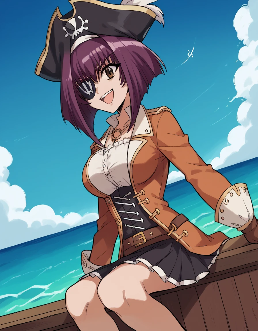 score_9, score_8_up, score_7_up, source_anime, <lora:karin-maaka-s1-ponyxl-lora-nochekaiser:1>, karin maaka, short hair, brown eyes, purple hair, hair intakes, bangs, large breasts,, <lora:pirate-costume-ponyxl-lora-nochekaiser:1>, pirate costume, pirate hat, skirt, gloves, jacket, shirt, eyepatch,, blue sky, sea, ocean, pirate ship, treasure, gold, smug, open mouth, from below, sitting,, , dutch angle, cowboy shot