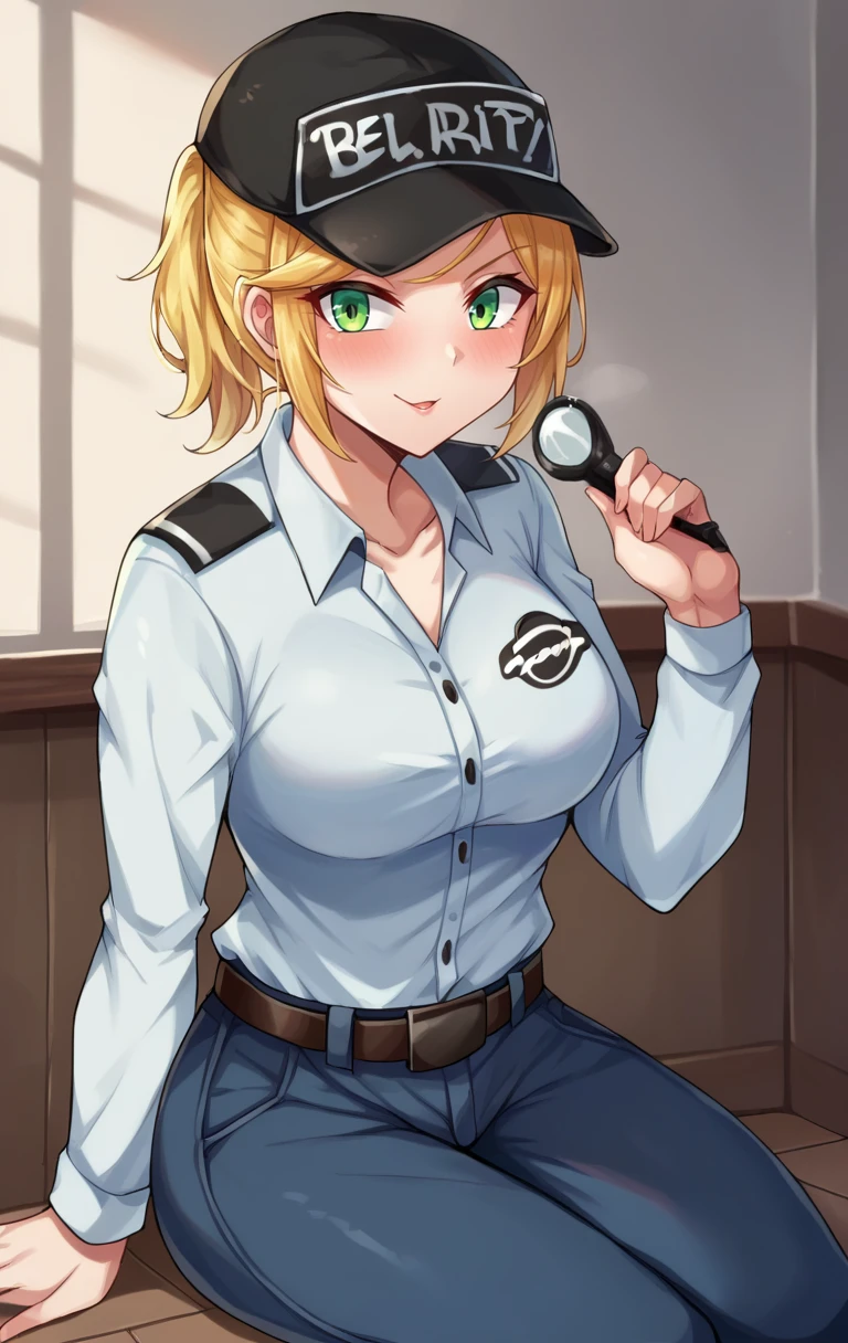 score_9,score_8_up,score_7_up BREAK <lora:vanessa10:1>,vanessaSDXL,1girl,solo,short hair,blonde hair,shirt,hat,green eyes,belt,pants,uniform,police,police uniform,room,room background,sitting,