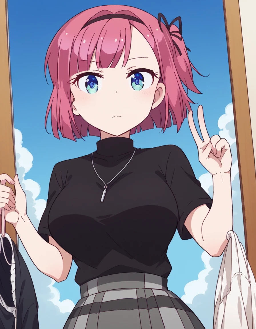 score_9, score_8_up, score_7_up, source_anime, <lora:momiji-mochizuki-s2-ponyxl-lora-nochekaiser:1>, momiji mochizuki, short hair, blue eyes, ribbon, hair ribbon, pink hair, side ponytail, one side up, large breasts,, skirt, shirt, jewelry, necklace, sweater, turtleneck, black sweater, plaid skirt, grey skirt, short sleeves,, laundry day, clothesline, drying clothes, domestic life, fresh air, blue sky, , v,, looking at viewer, solo,, dutch angle, cowboy shot