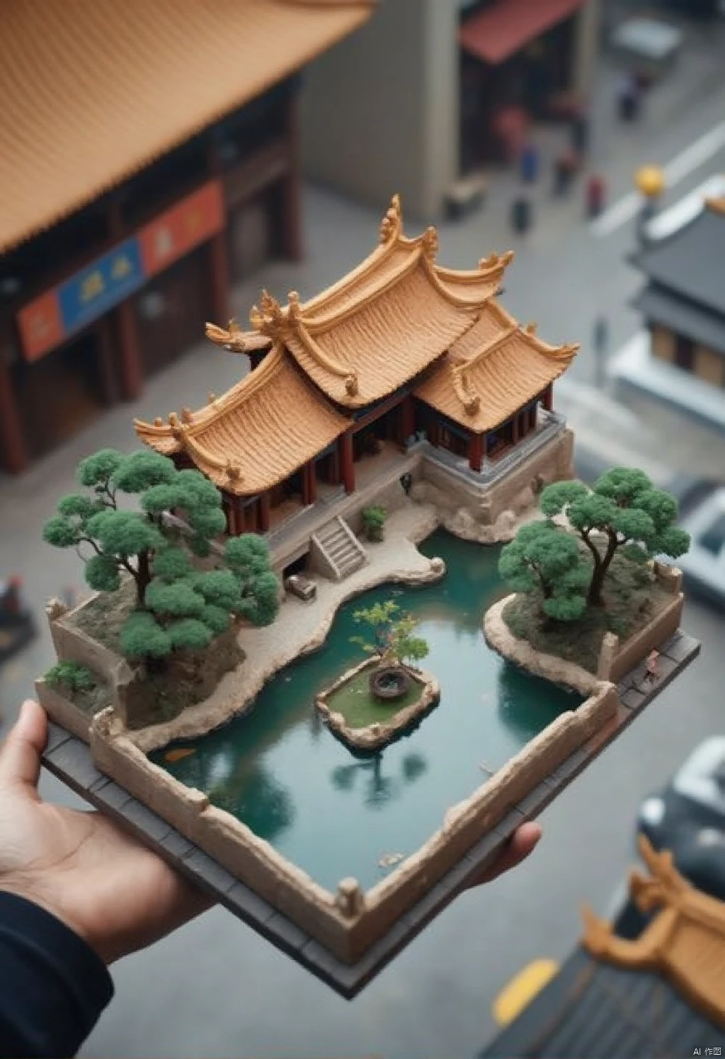 Isometric world,a person's hand is holding a miniature model of a Chinese temple,with a small pond of water in the middle of the frame. The model is set against a backdrop of a city street