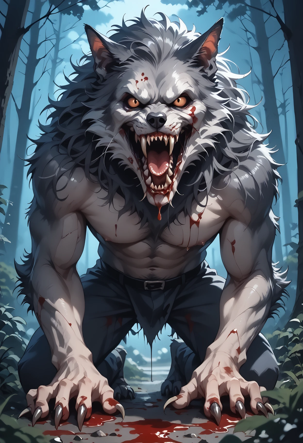 score_9, score_8_up, score_7_up, 1boy, werewolf, solo, muscular, open mouth, teeth, animal, fangs, sharp teeth, black eyes, blood on face, animal ears, blood whiskers, grey fur, claws, night, forest, scary