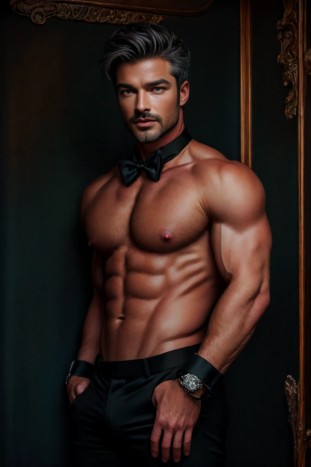 <lora:Theodore_Astor_V1_GV:1> Daddy, 44 years old, short black hair with silver streaks, grey eyes, handsome, professor, Masterpiece, photo-realistic, Crystal clear, highly detailed, college man, professor,  hot and  butler with short hair and wearing tight black dress pants, white wrist cuffs, ((())), solid black bow-tie, abs, pecs, biceps and (((large hard perky ))). Facial stubble, Old fashioned study <lora:muscle_slider_v1:-2.5>  <lora:Sexy_Shirtless_Bow_Tie:1> <lora:GothicInteriors:0.8> GothInt