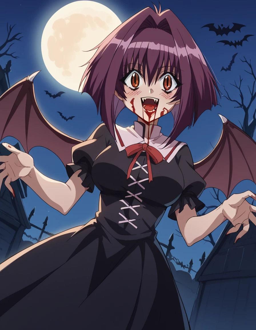 score_9, score_8_up, score_7_up, source_anime, <lora:karin-maaka-s1-ponyxl-lora-nochekaiser:1>, karin maaka, short hair, brown eyes, purple hair, hair intakes, bangs, large breasts,, <lora:vampire-ponyxl-lora-nochekaiser:1>, vampire, red eyes, pointy ears, fangs, black dress, wings, blood, blood on face, blood on mouth, bat (animal), halloween, halloween costume, upper teeth only, night, moon, blush, smile, open mouth, , dutch angle, cowboy shot