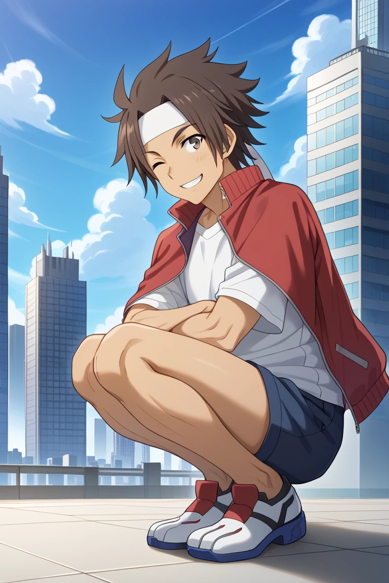 anime male squatting on top of a skyscraper looking at the horizon, looking away from viewer, Expressiveh, masterpiece, best quality, perfect anatomy, perfect proportions, high resolution, countershading, well detailed background, BREAK, male focus, 1boy, sogiita gunha, dark brown hair, dark brown eyes, medium tan skin, skin with slightly warm in tone, skin with subtle bronze undertones, white tie_headband, BREAK, red tracksuit jacket on shoulder, white shirt, blue shorts, white shoes, smile, wink, focus, BREAK, skyscrapers, futuristic city, sci-fi, day, clouds, arms crossed, view from side