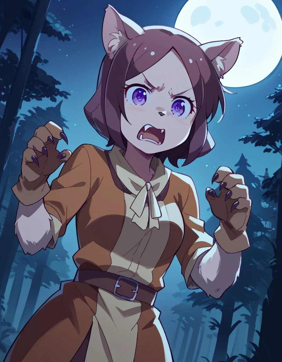 score_9, score_8_up, score_7_up, source_anime, <lora:rin-tooyama-s2-ponyxl-lora-nochekaiser:1>, rin tooyama, short hair, brown hair, purple eyes, medium breasts,, <lora:werewolf-ponyxl-lora-nochekaiser:1>, werewolf, furry, fangs, animal ears, gloves, angry, teeth, animal ear fluff,, forest, night, moon, open mouth, , dutch angle, cowboy shot