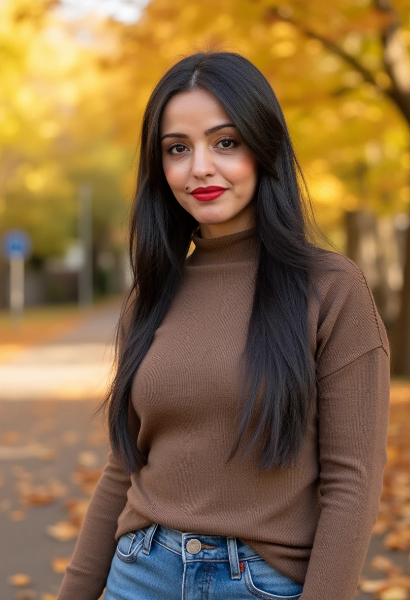 an amateur photo of sawsanchebli, a woman. She is slightly smiling. She is wearing lipstick and modest casual autumn clothes and jeans on a sunny autumn day.