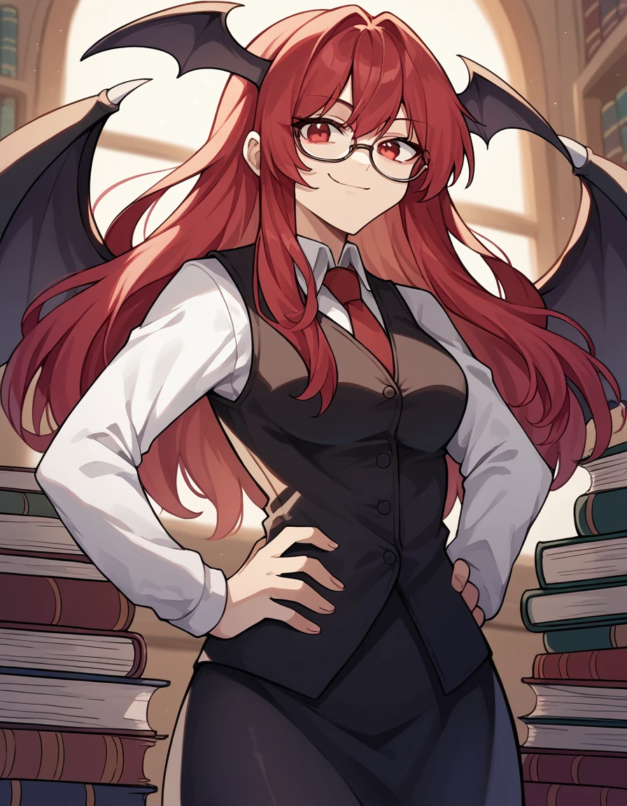 score_9, score_8_up, score_7_up, source_anime, <lora:koakuma-ponyxl-lora-nochekaiser:1>, koakuma, red eyes, red hair, long hair, sidelocks, medium breasts,, bat wings, black dress, black pantyhose, black skirt, black vest, dress, head wings, long sleeves, multiple wings, necktie, pantyhose, red necktie, shirt, skirt, vest, white shirt, wings,, library, reading books, glasses, quiet, focused, shelves of books, smile, smug, hands on hips,, looking at viewer, solo,, dutch angle, cowboy shot