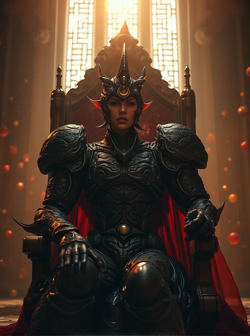 the guyver of biological armor,a beautiful chinese queen with armored_dress,sitting on throne in the huge castle,evil smiling,the sunlight from dome