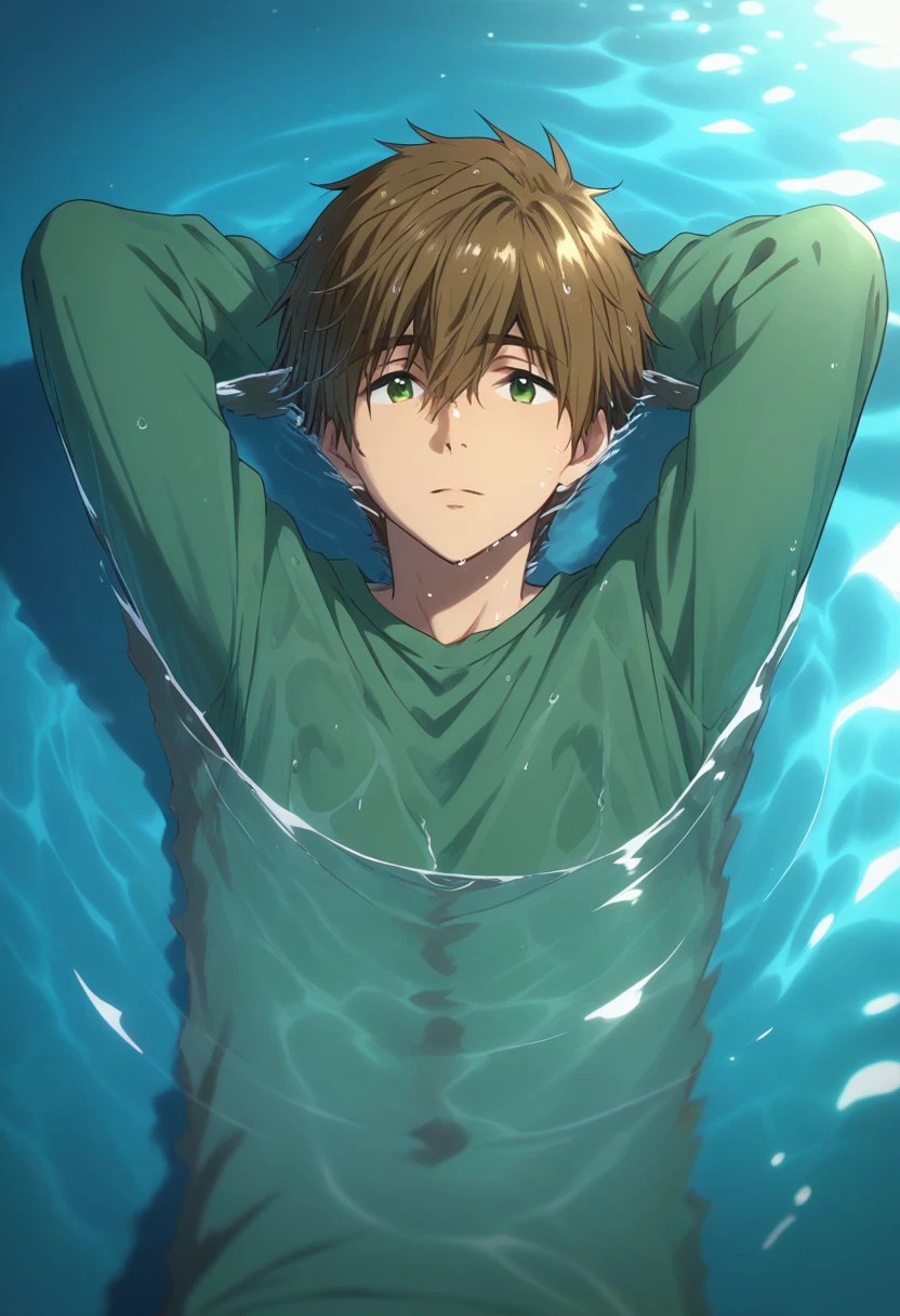 score_9, score_8_up, score_7_up, source_anime, highly detailed, 

makoto,1boy, male focus, solo, brown hair, hair between eyes, green eyes, shirt, t-shirt, green t-shirt, long sleeves,
water, partially submerged, arms behind head, on back, wet, wet hair,