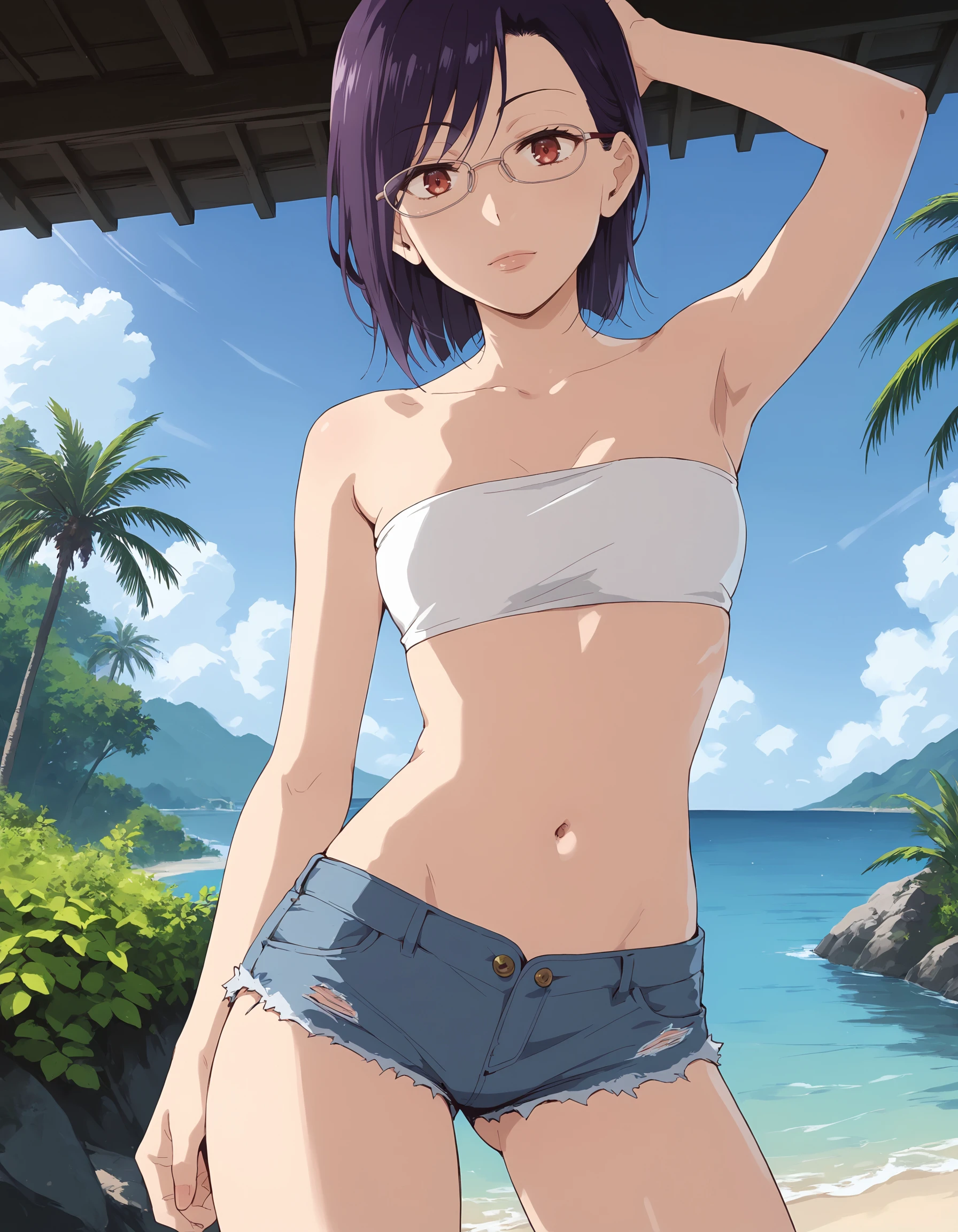 score_9, score_8_up, score_7_up
BREAK 1girl, <lora:ErikoXL-v1:0.9>, eriko, purple hair, red eyes, glasses, bandeau, midriff, navel, groin, cutoffs, looking at viewer, pose, outdoors