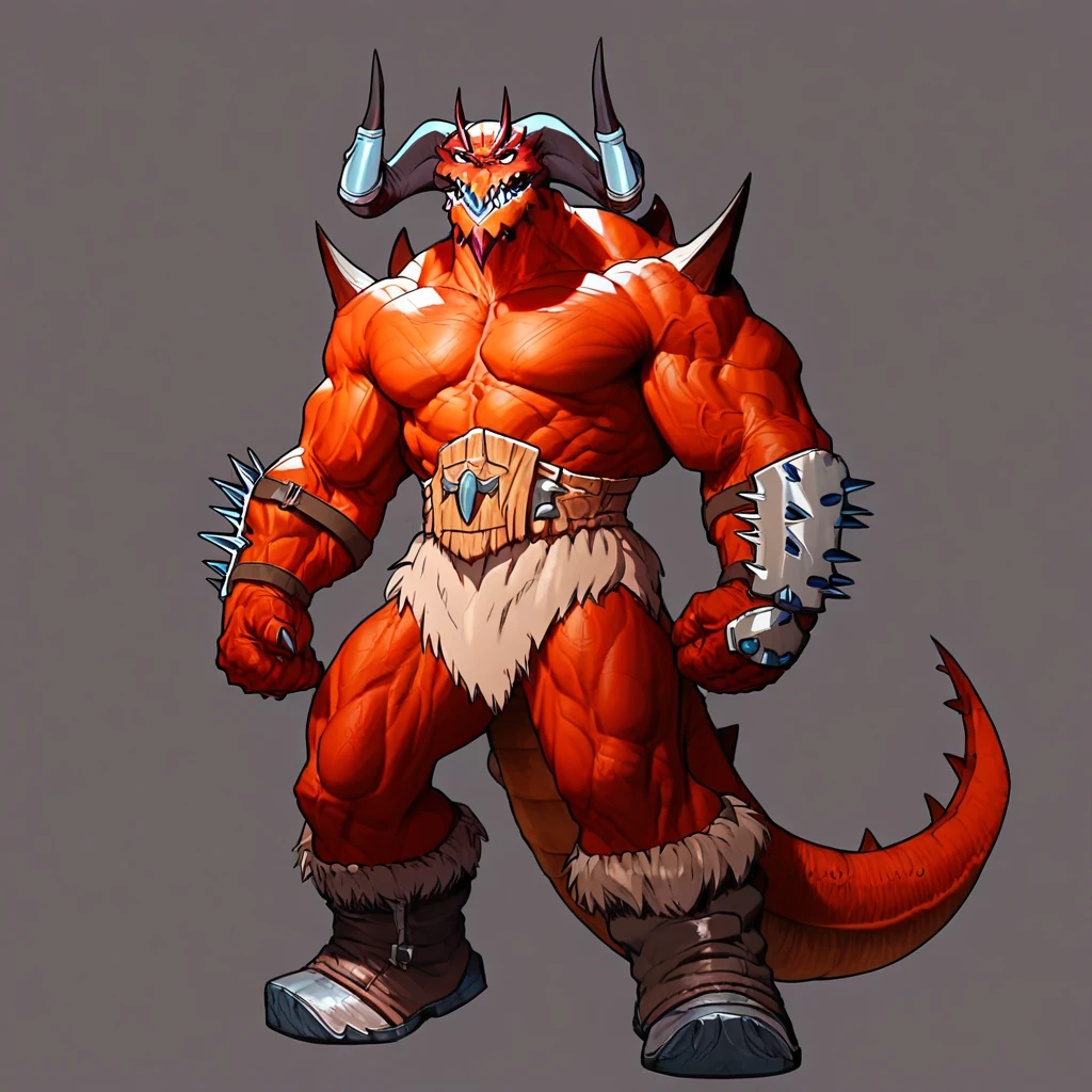 Score_9_up, score_8_up, score_7_up, score_6_up, Monster, Muscular, Red skin, Sharp teeth, Big horns, Tail, spikes, solo, posing, hans on hips, spread legs,