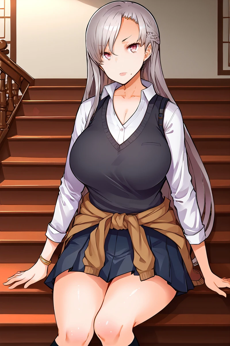 score_9, score_7_up,
BREAK
solo, 1girl,  closed mouth, , 
BREAK
<lora:KishiroRen-v2:1>, Kishir0-R3n, pink eyes, grey eyes, grey hair, very long hair, large breasts, curvy, mole under mouth,
long sleeves, collared shirt, necklace, sweater, clothes around waist, sweater around waist, kneehighs, loafers, shuuchiin academy school uniform, bracelet, sleeves rolled up, collarbone, pinafore dress, black dress, black vest, white shirt, open collar,
BREAK
sitting on stairs, stairs,
ancient temple, intricate architecture, spiritual ambiance, sacred,