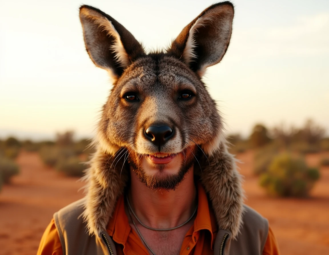 <lora:88nimalhd_rank8_bf16-step01000:1> Front view image of Chris Hemsworth wearing a kangaroo 88nimalhd headdress and color matching clothes with a matching Australian outback-themed background, looking at the viewer with a smile.