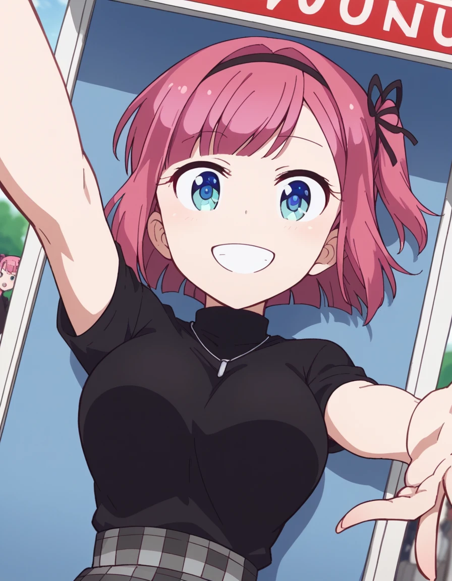 score_9, score_8_up, score_7_up, source_anime, <lora:momiji-mochizuki-s2-ponyxl-lora-nochekaiser:1>, momiji mochizuki, short hair, blue eyes, ribbon, hair ribbon, pink hair, side ponytail, one side up, large breasts,, skirt, shirt, jewelry, necklace, sweater, turtleneck, black sweater, plaid skirt, grey skirt, short sleeves,, bus stop, waiting, commuter, smartphone, checking time, cold morning, smile, on back, arm support, arms up, incoming hug, pov, reaching, reaching towards viewer,, looking at viewer, solo,, dutch angle, cowboy shot