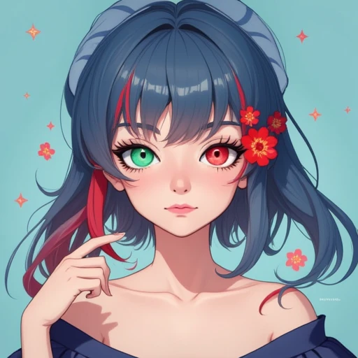 anime-inspired aesthetic. She has striking, with one eye a piercing green and the other a deep red, styled in a long, anime-inspired style. The subject has a light skin tone and striking, giving a striking contrast. Her skin is a soft, anime-inspired art style. The subject is a young woman with an ethereal, with a subtle blush on her cheeks, indicating a high level of polish and detail in the digital art. She has striking, and she has a delicate, including blue