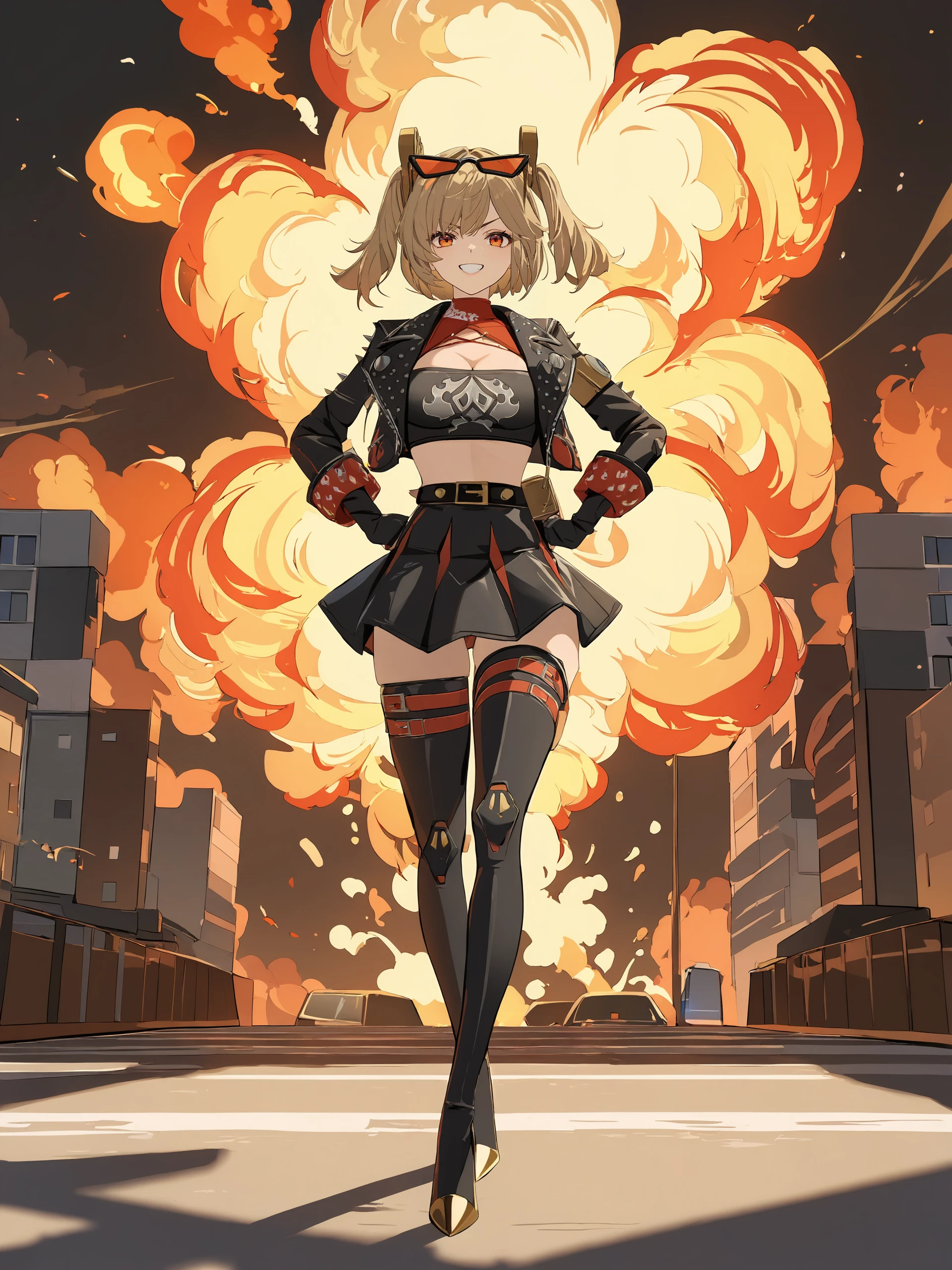 1girl, burnice white, twintails, black skirt, hair ornament, sunglasses on head, latex thighhighs, smile, cropped jacket, fingerless gloves, sleeveless turtleneck, tube top, pumps, full body, grin, v-shaped eyebrows, legs apart, hands on hips, fire, explosion, depth of field <lora:Char-ZZZ-Burnice-V1-SDXL:0.9>, masterpiece, best quality, very aesthetic, ray tracing, newest, illustration, incredibly absurdres, ultra detailed, [<lora:detailed_notrigger:0.95>::0.5]