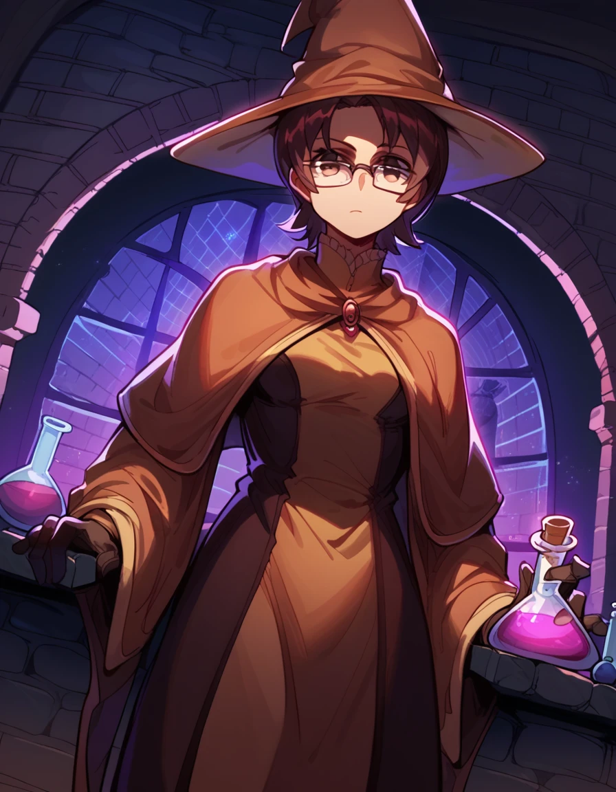 score_9, score_8_up, score_7_up, source_anime, <lora:nanami-kiri-s2-ponyxl-lora-nochekaiser:1>, nanami kiri, short hair, brown hair, brown eyes, glasses, medium breasts,, <lora:wizard-ponyxl-lora-nochekaiser:1>, wizard, wizard hat, robe, dress, long sleeves, gloves,, indoors, bricks, potion, flask, vial,, cowboy shot,, , dutch angle, cowboy shot