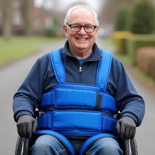 a 50 year old man wears a three point wheelchair belt made of blue nylon