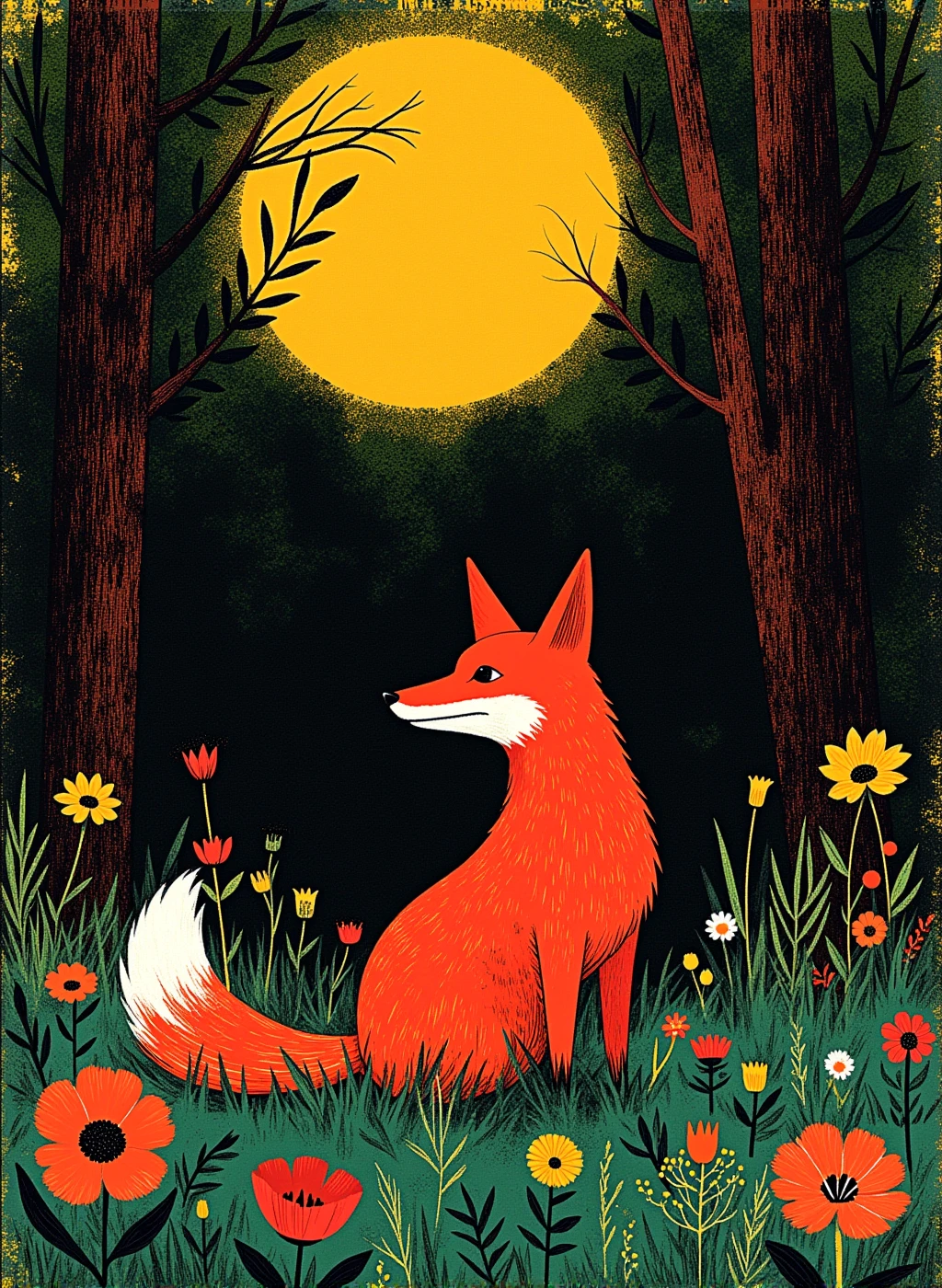 r0ygb1v style digital illustration gouache style with (((visible textures))) 

focus on a red fox in woodland scene, dotted with wild flowers and tall grass

The artwork showcases a distinctive grainy texture throughout, reminiscent of risograph printing, with noticeable shading particularly visible in dark areas and transitions. The brushwork employs striated, textured strokes, while maintaining slightly rough, organic feel that gives the piece a hand-crafted feel, especially in elements like the glow and easily readable silhouettes. The color treatment avoids flat fills in favor of mottled, textured appearances with subtle variations within each color region, creating a cohesive blend of digital precision and analog printing aesthetics.